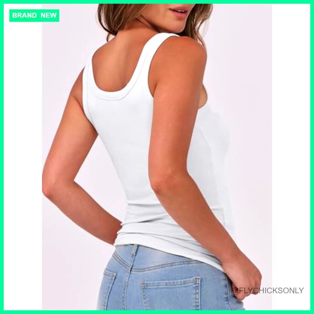 Sleeveless Scoop Neck Ribbed Tank Top Fitted Slim Summer Basic - Picture 4 of 7